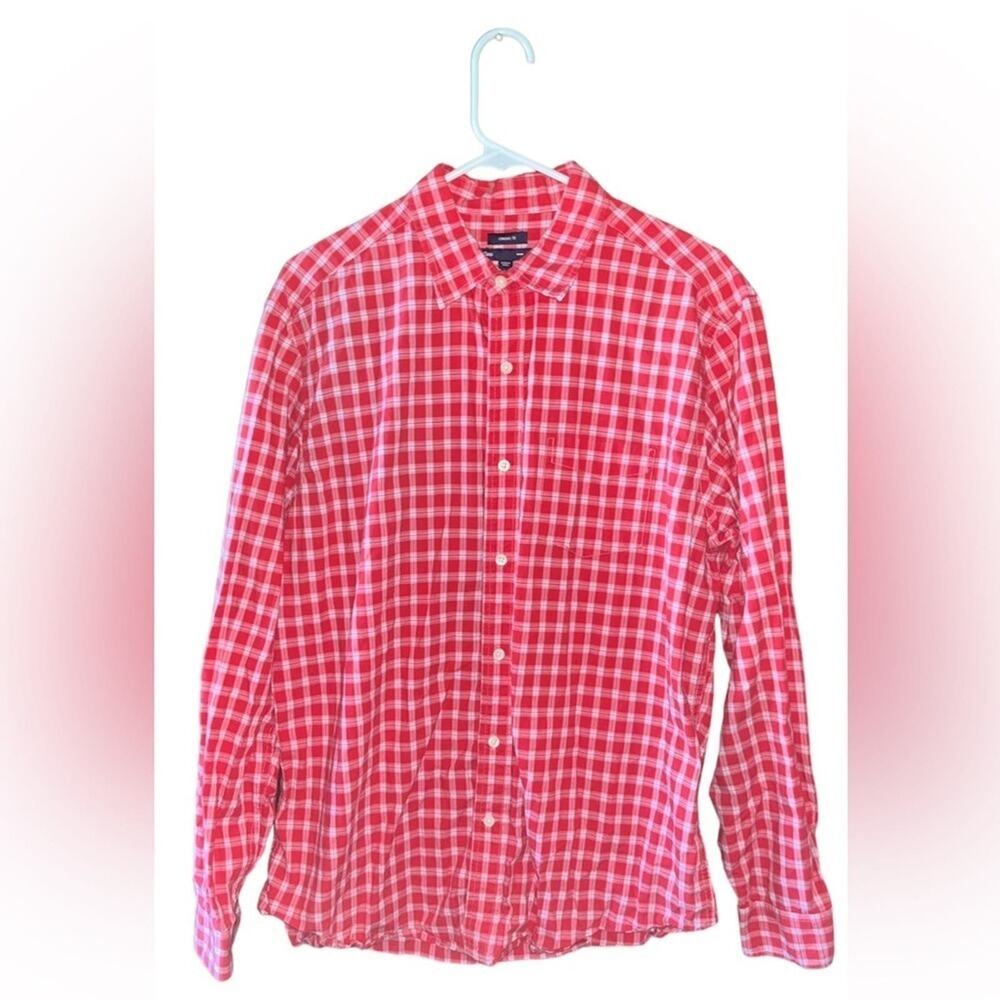 Gap Classic Fit Shirt Mens Size Large Button Down Red White Plaid Long Sleeve